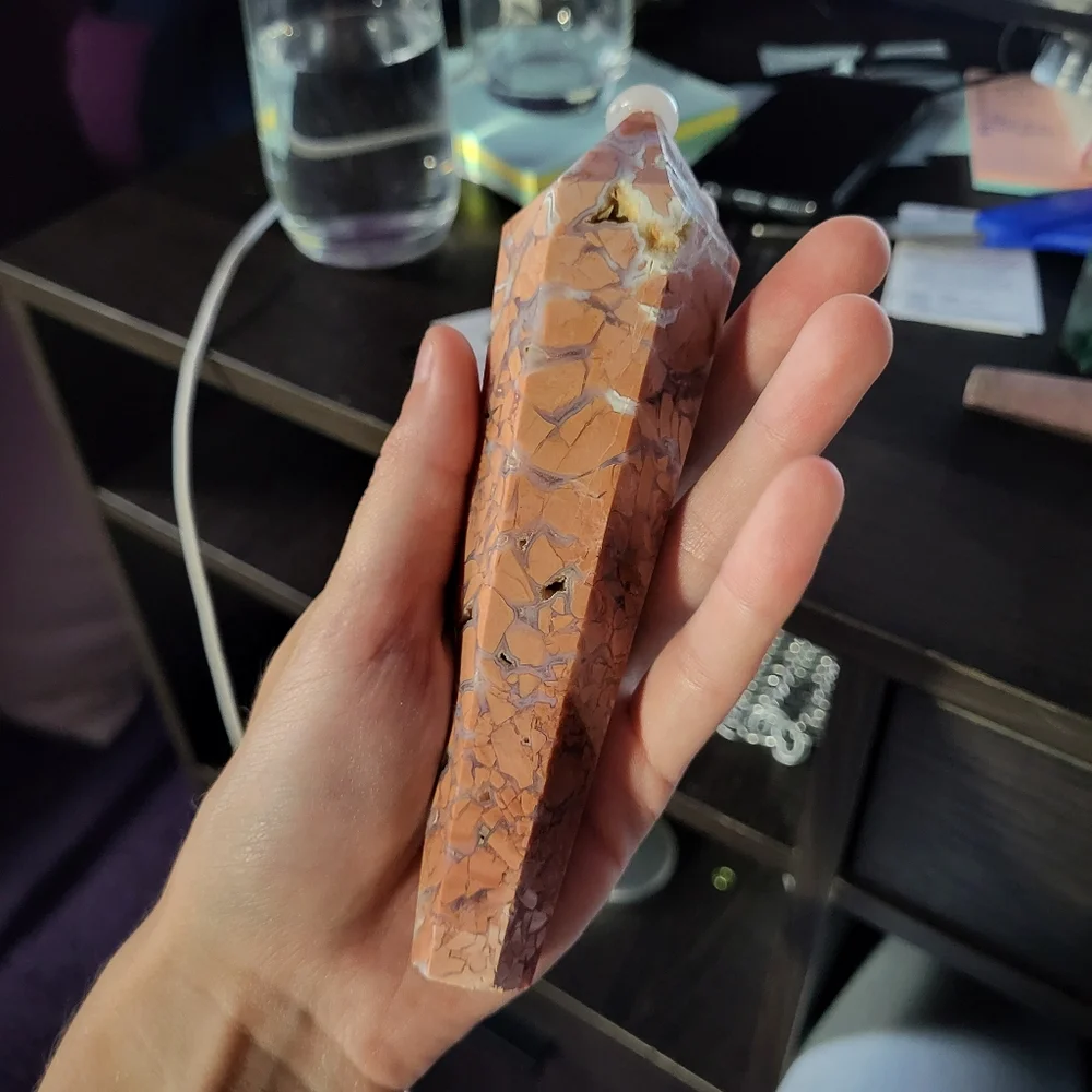 Pink druzy flower Agate wand crystal shapes for collectors 6 inch wand